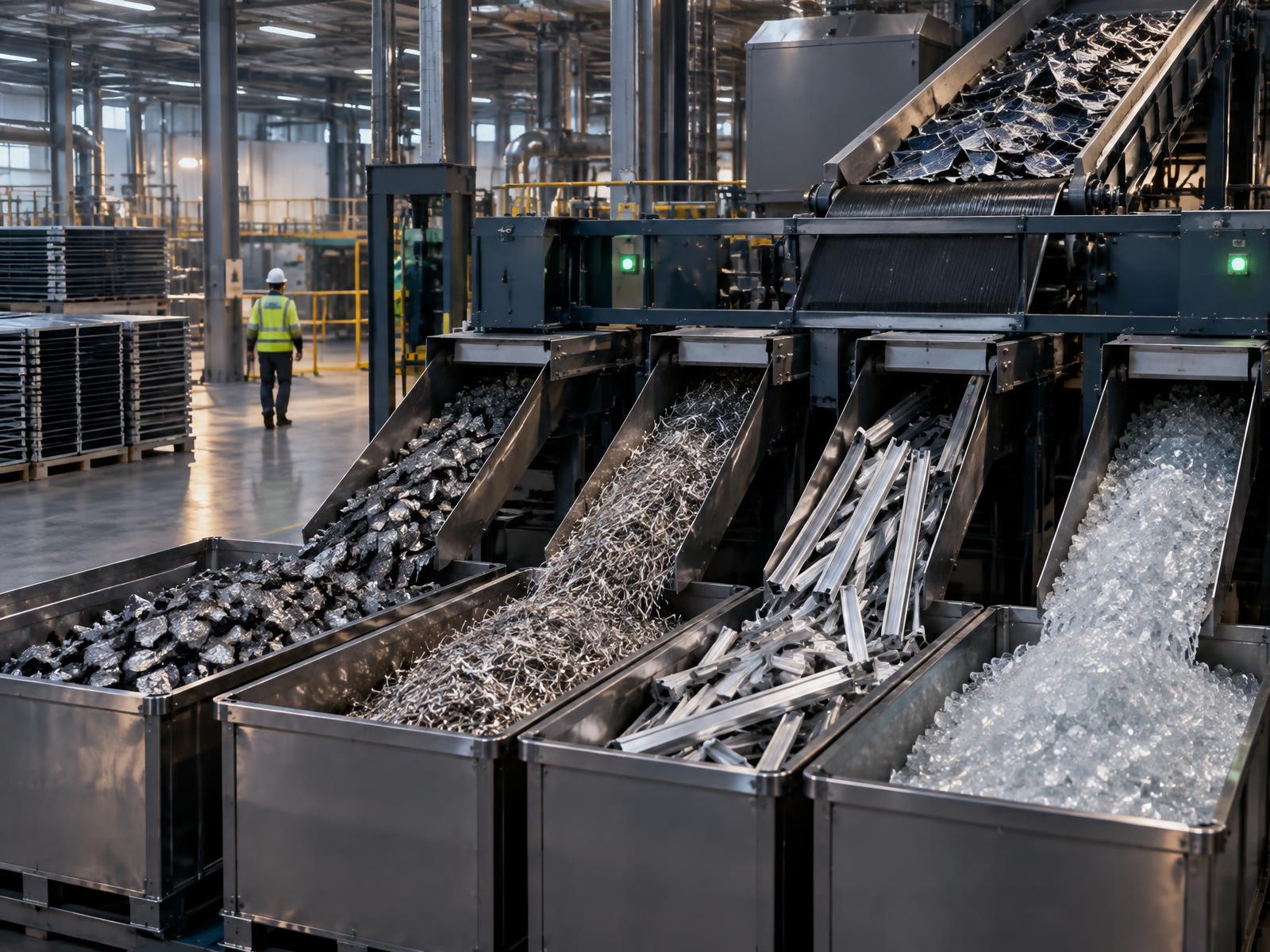Separated silicon, silver, aluminum, and glass inside a solar recycling facility