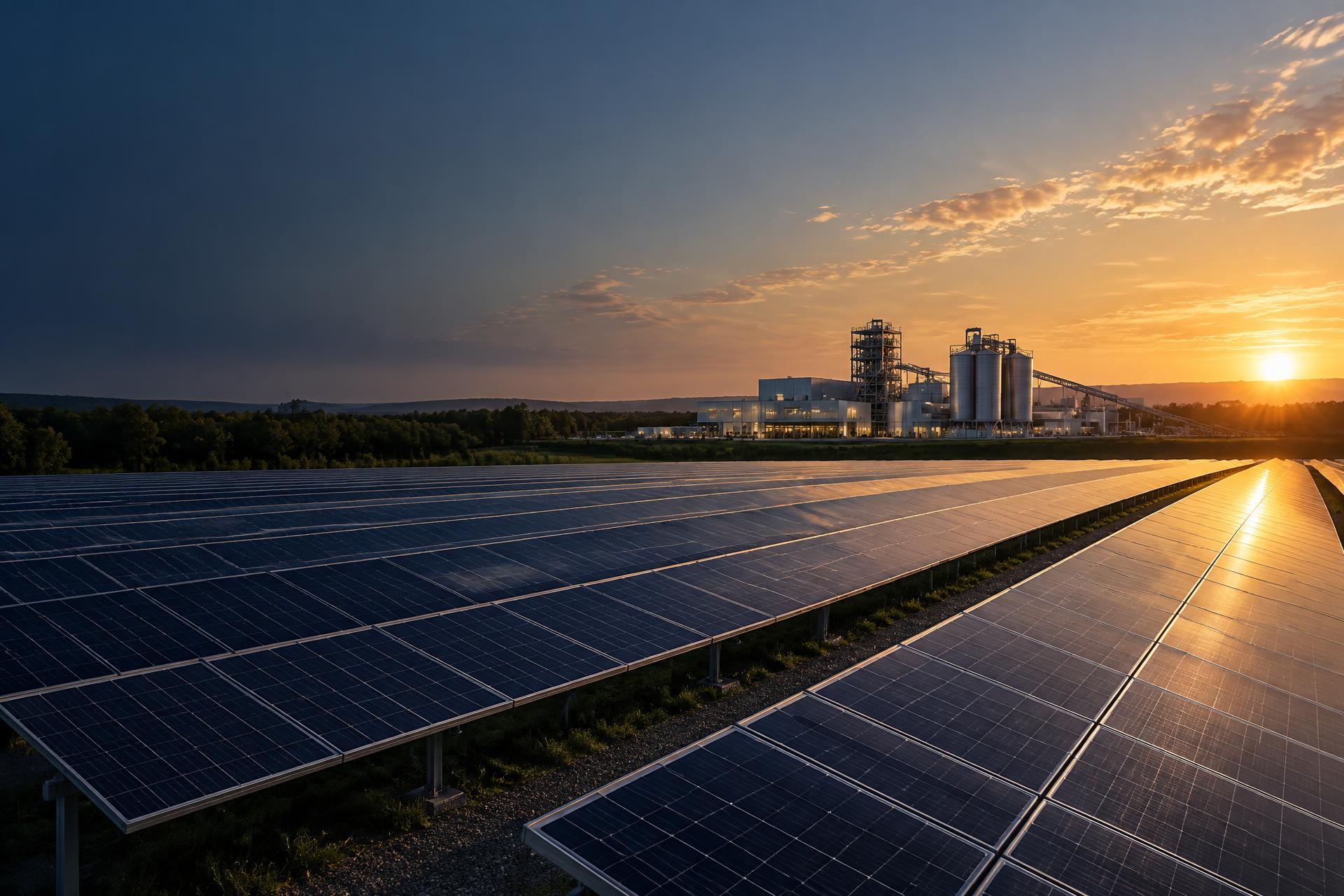 Solar panels spanning a Georgia landscape near an advanced materials facility